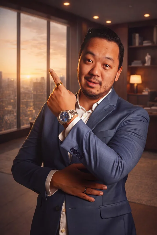 Daniel Katumata, fundador e CEO da ADSx Consulting, de terno azul em seu escritório ao pôr do sol, apontando para cima com um sorriso