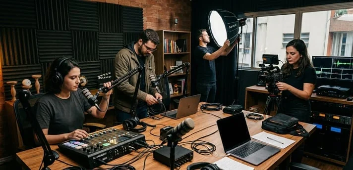 Equipe da ADSx gravando podcast em estúdio