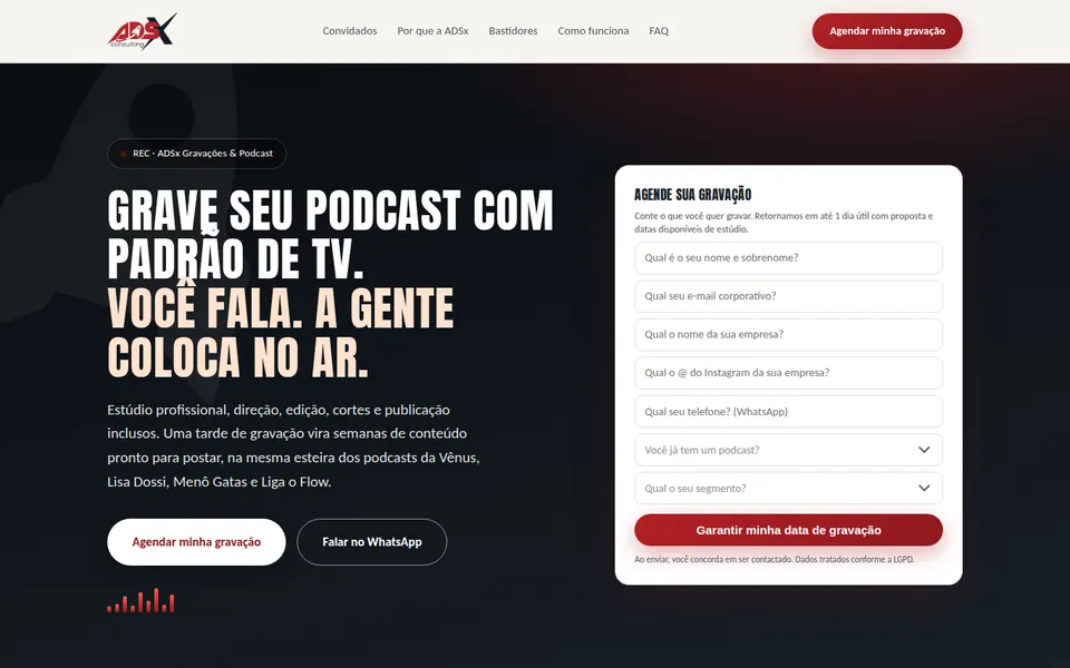 Landing page de podcast e gravações criada pela ADSx